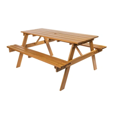 Jonathan Y Shoreham 59" Modern Classic Outdoor Wood Picnic Table Benches With Umbrella Hole, Teak Brown