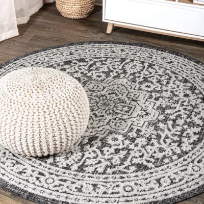 Jonathan Y Sinjuri Medallion Textured Weave Indoor/outdoor Round Area Rug In Black