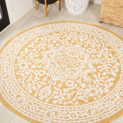 Jonathan Y Sinjuri Medallion Textured Weave Indoor/outdoor Round Area Rug In Yellow