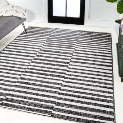 Jonathan Y Sukie Modern Offset Stripe Indoor/outdoor Area Rug In Black/ivory