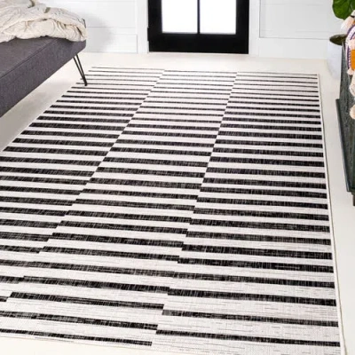 Jonathan Y Sukie Modern Offset Stripe Indoor/outdoor Area Rug In Ivory/black