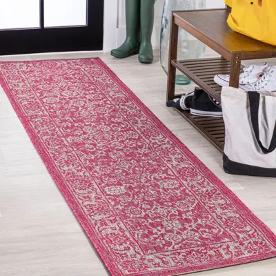 Jonathan Y Tela Bohemian Textured Weave Floral Indoor/outdoor Area Rug In Fuchsia/light Gray