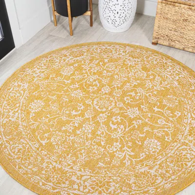 Jonathan Y Tela Bohemian Textured Weave Floral Indoor/outdoor Round Area Rug In Yellow