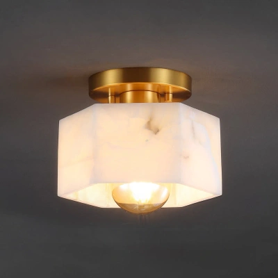 Jonathan Y Tessa 8" 1-light Modern Contemporary Alabaster/iron Hexagonal Led Semi Flush Mount, White Marbling/b In Gold