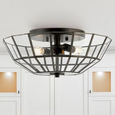Jonathan Y Theo 15.5" 2-light Farmhouse Rustic Iron/glass Led Semi Flush Mount In Black