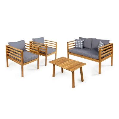 Jonathan Y Thom 4-piece Mid-century Modern Acacia Wood Outdoor Patio Set With Cushions And Plaid Decorative Pil In Brown