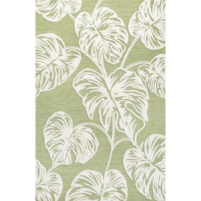 Jonathan Y Tobago High-low Two-tone Monstera Leaf Indoor/outdoor Area Rug In Light Green/ivory