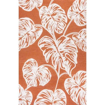 Jonathan Y Tobago High-low Two-tone Monstera Leaf Indoor/outdoor Area Rug In Orange/ivory