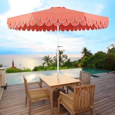 Jonathan Y Tracy Classic Midcentury Scalloped Fringe Market Patio Umbrella With Auto-tilt Crank