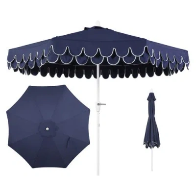 Jonathan Y Tracy Coastal Octagon Aluminum Outdoor Market Patio Umbrella With Scalloped Edge, Crank L In Navy//white Pole