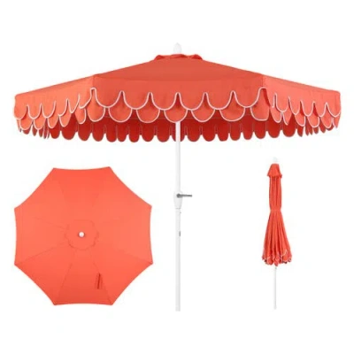 Jonathan Y Tracy Coastal Octagon Aluminum Outdoor Market Patio Umbrella With Scalloped Edge, Crank L In Red