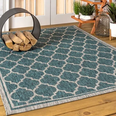 Jonathan Y Trebol Moroccan Trellis Textured Weave Indoor/outdoor Area Rug In Teal/gray