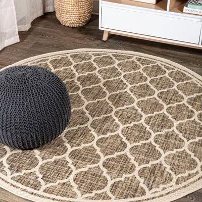 Jonathan Y Trebol Moroccan Trellis Textured Weave Indoor/outdoor Round Area Rug In Brown/beige