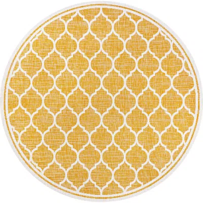 Jonathan Y Trebol Moroccan Trellis Textured Weave Indoor/outdoor Round Area Rug In Yellow