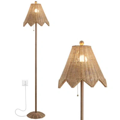 Jonathan Y Tybee 60.5" Traditional Coastal Rattan Scalloped Led Floor Lamp In Gold