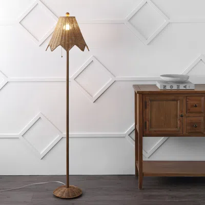 Jonathan Y Tybee Traditional Coastal Rattan Scalloped Led Floor Lamp In Brown