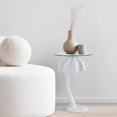 Jonathan Y Vince Mid-century Vintage Glass Top Metal Palm Tree End Table In White