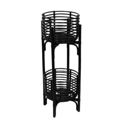 Jonathan Y Zachariah 33.5" Bohemian Minimalist Handmade 2-tier Rattan Indoor Planter Stand In Black