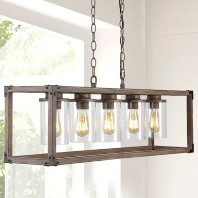 Jonathan Y Zeniba 36" 5-light Linear Adjustable Iron/seeded Glass Rustic Farmhouse Led Pendant In Brown