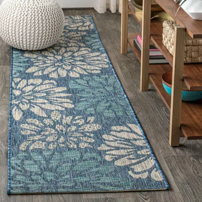 Jonathan Y Zinnia Modern Floral Textured Weave Indoor/outdoor Area Rug In Navy/aqua
