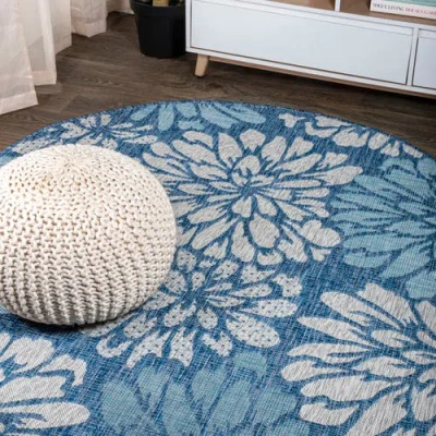 Jonathan Y Zinnia Modern Floral Textured Weave Indoor/outdoor Round Area Rug In Navy/aqua