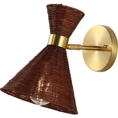 Jonathan Y Zoey 1-light Mid-century Vintage Retro Rattan/metal Led Sconce With Adjustable Shade In Brass Gold/dark Brown