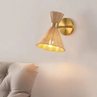 Jonathan Y Zoey 10" 1-light Mid-century Vintage Retro Rattan/metal Led Sconce With Adjustable Shade, Light Brow In Gold
