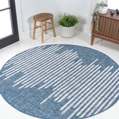 Jonathan Y Zolak Berber Stripe Geometric Indoor/outdoor Round Area Rug In Blue