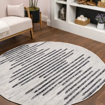 Jonathan Y Zolak Berber Stripe Geometric Indoor/outdoor Round Area Rug In Ivory/black