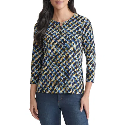 Jones New York Abstract Keyhole Three-quarter Sleeve Crepe Top In Blue
