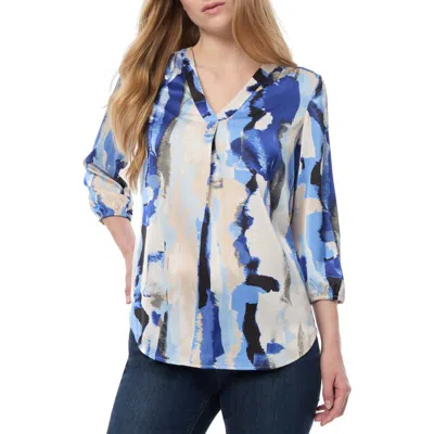 Jones New York Abstract Print Pleat V-neck Top In White