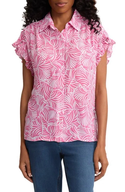 Jones New York Abstract Print Ruffle Sleeve Shirt In Pink