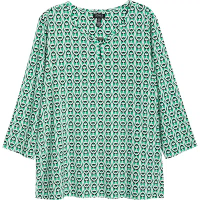 Jones New York Abstract Print Keyhole Three-quarter Sleeve Crepe Top In Multi