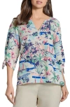 Jones New York Beach Print Tie Sleeve Linen Blend Top In Blue