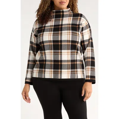 Jones New York Birdseye Plaid Mock Neck Knit Top In Brown