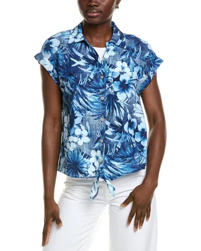 Jones New York Button Detail Linen-blend Blouse In Blue
