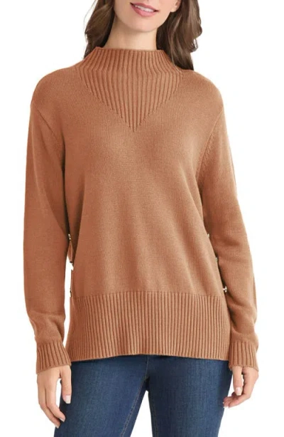 Jones New York Button Detail Rib Funnel Neck Sweater In Brown