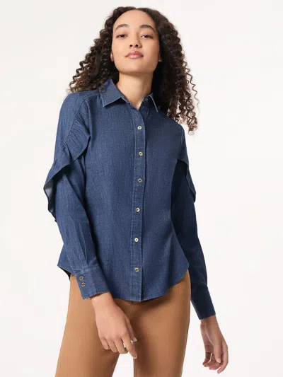 Jones New York Button-front Ruffle Sleeve Denim Shirt In Blue