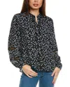 Jones New York Petite Floral Print Blouson-sleeve Button-front Blouse In Black