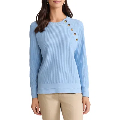 Jones New York Button Shoulder Cotton Blend Sweater In Blue