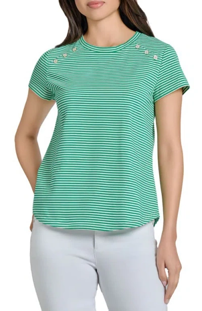 Jones New York Button Shoulder Stripe Stretch Cotton T-shirt In Green