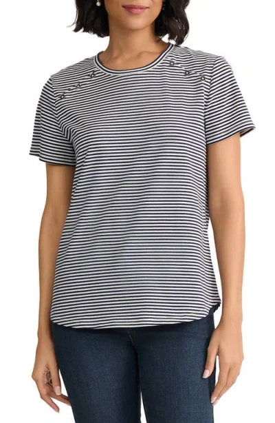 Jones New York Button Shoulder Stripe Stretch Cotton T-shirt In Multi