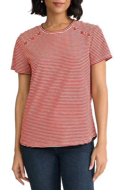 Jones New York Button Shoulder Stripe Stretch Cotton T-shirt In Red