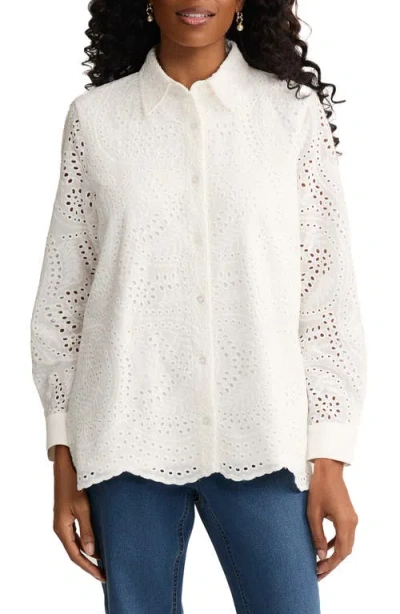 Jones New York Cotton Eyelet Button-up Shirt In White