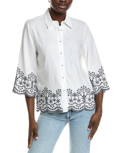 Jones New York Cropped Sleeve Linen-blend Blouse In White