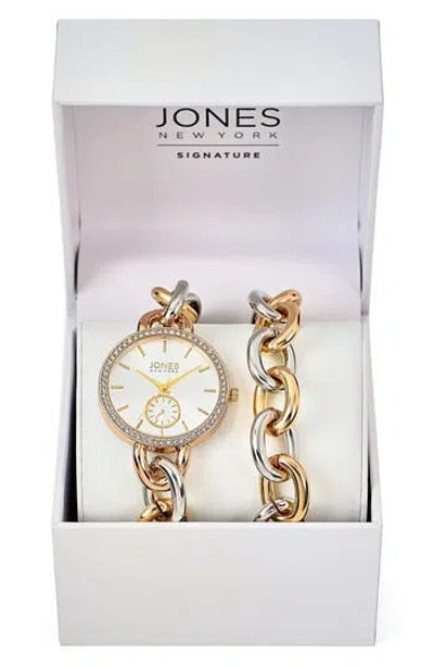 Jones New York Crystal Bezel Two-tone Bracelet Watch & Bracelet Set, 36mm In Gold