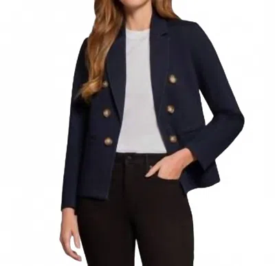 JONES NEW YORK DENIM FAUX DOUBLE-BREASTED BLAZER IN DARK BLUE