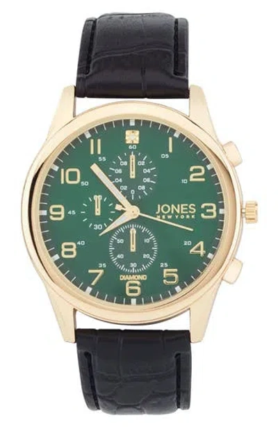 Jones New York Diamond Chronograph Croc Embossed Leather Strap Watch, 42mm In Black