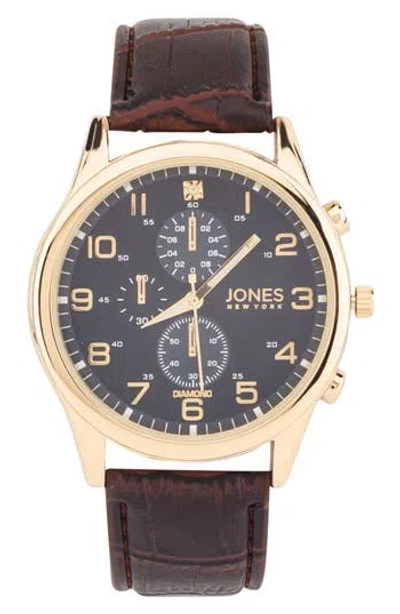 Jones New York Diamond Chronograph Croc Embossed Leather Strap Watch, 42mm In Brown