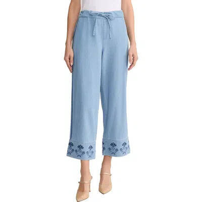 Jones New York Embroidered Border High Waist Crop Wide Leg Drawstring Jeans In Blue